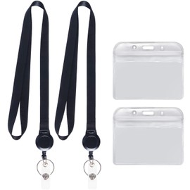 YOUOWO Badge Holder - Reel for Hanging Name Tags, ID Card Holder Neck Strap Reel Clip Keychain, Extendable, Black, Horizontal, 2-Piece Set
