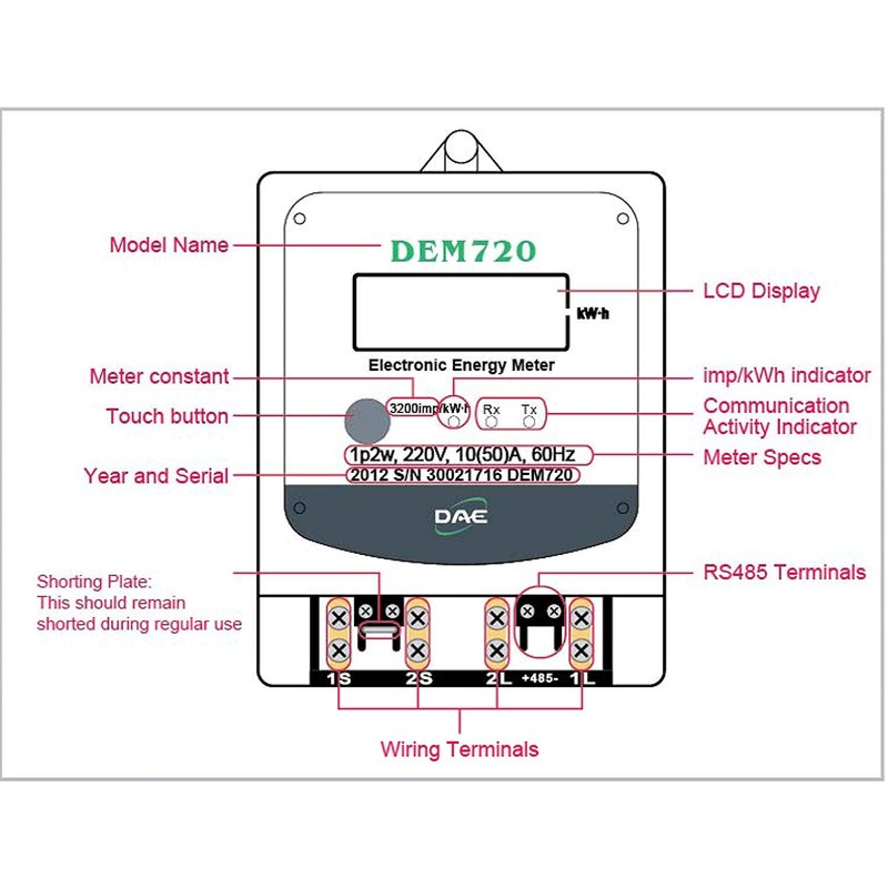 DAE DEM720-1P Electric kWh Submeter, RS485, 1P2W(1 Hot wire, 1