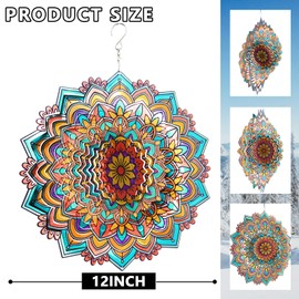 Goollyrusim Mandala Daisy Wind Spinner - 12In 3D Kinetic Metal Wind Spinners, Stainless Steel Laser Cut Hanging Wind Sculpture, Indoor/Outdoor Garden & Yard Art Decor Gifts for Women, Men & Holidays