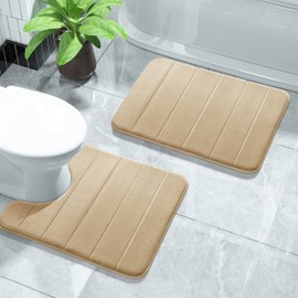 Yimobra Memory Foam Bath Mat Set, 2 Piece Soft Bathroom Rugs, 43x61 cm and 61x51 cm U-Shaped Bathroom Rugs, Toilet Mat, Water Absorption, Non Slip, Thick, Dry Fast for Bathroom Floor Mat, Silver