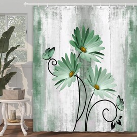 Rustic Farmhouse Shower Curtain, Farm Sage Green Daisy Floral Flowers and Butterfly on Country Wooden Shower Curtain for Bathroom, Turquoise Teal Gray Grey Shower Curtain with 12PCS Hooks, 70X75IN