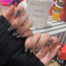 Nail Tip, Long Nail Tip, Black, 24 Pieces, 3D Claws, Easy Off Nails, Beads, Mine-based, Korea, Mass Produced, False Claws, Ribbon, Stylish, Popular, Easy to Apply, Durable, Convenient, Nail Cool, 48