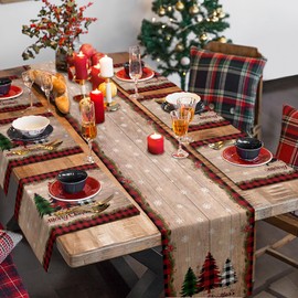 BARTHKIT Christmas Table Runner, Buffalo Plaid Farm Xmas Tree Snowflake Table Runner, Seasonal Winter Holiday Dining Table Decorations for Indoor Outdoor Home Party Decor