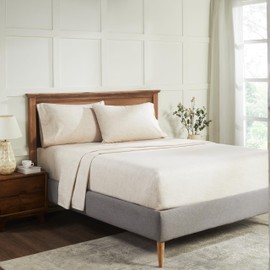 Superior Melange Flannel Cotton Sheet Set, Ultra-Soft Textured Sheets, Modern, Farmhouse Bedding, Basics, Includes; Flat Sheet, Elastic Deep Pocket Fitted Sheet, Pillowcases, Queen, Beige