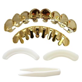 JRSHOME JRSMART 18K Gold Plated Gold Finish 8 Top Teeth 8 Bottom Tooth Hip Hop Mouth Grills for Men and Women, Easy to Use and Clean - Gold