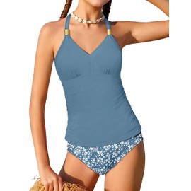 NECIOUS Girls' Swimwear Two Piece Swimsuits Teen Girl Bathing Suits Fashion Tankini Halterneck Ruched Printed Swimsuits for Girls 12-14 Blue Floral