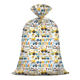 Extra Large Construction Vehicles Plastic Gift Bag 56x36 Inch Cartoon Digger Car Presents Wrapping Bag for Boy Happy Birthday Construction Party Bags