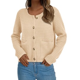 PRETTYGARDEN Open Front Cardigan Sweaters for Women Button Down Long Sleeve Casual Cute Knitted Shirts with Pockets (Beige,Medium)