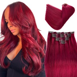 Seamless Clip in Hair Extensions Human Hair, Burgundy Hair Extensions Real Human Hair Clip in Extensions 7pcs 100G 22 Inch, Ubetta Clip in Hair Extensions Real Human Hair Extensions for Women