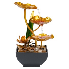 Indoor Tabletop Water Fountain – Metal Lotus Water Feature with Purple LED Light, Mini Desktop Waterfall for Home or Office Relaxation