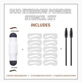 Double Eyebrow Stamp Stencil Kit,Professional Adjustable Waterproof Eyebrow Powder Stamp Makeup with 10 Reusable Eyebrow Stencils& 2 Eyebrow Brushes(Natural Brown+Dark Brown)
