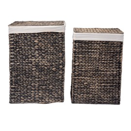 Handmade Wicker Laundry Hampers - Set of 2 Water Hyacinth Storage Baskets with Integrated Handles, Removable Liners, and Lids by Villacera (Natural)