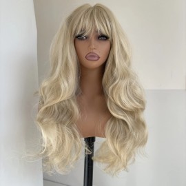WigsA Ash Blond Synthetic Hair Heat Resistant Costume Wig With Bangs Long Wavy Soft