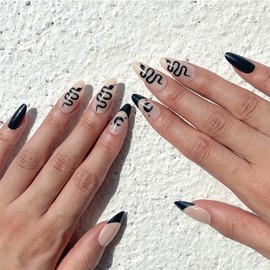 JUSTOTRY Pack of 24 Gold Striped Almond Nails for Sticking, Short, Black French Press On Nails, Glossy Oval Artificial Nails, Fake Nails, Medium, Fingernails, Artificial Nails for Women