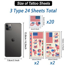 24 Sheets USA Flag Tattoos America Independence Day Face Temporary Tattoos Stickers For Men Women Kids 4th Fourth of July American National Country Flag for World Cup US Memorial Day, Olympic Games