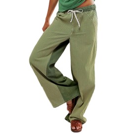 PEIHOT Low Rise Striped Denim Pants for Women Pull On Drawstring Boho Baggy Jeans Trendy 2025 Green