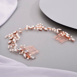 Lenjicons Wedding Rhinestone Hair Comb Luxury Pearl Rhinestone Headband Hair Comb Elegant Bridal Hair Accessory Handmade Pearls Crystal Wedding Headpiece for Women (rose gold)