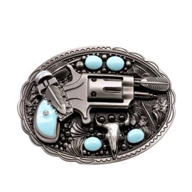 Style Pistol Revolver Gun Belt Buckle Feathers Turquoise Indian American Style Gift