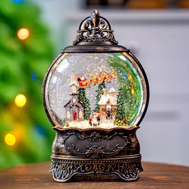 Christmas Snow Globes Lantern Christmas Snow Globe with Music Water Lantern Santa Flying Elk Lighted Swirling Water Glitters Snowglobe Christmas Decoration USB Battery Operated Snow Lantern Christmas