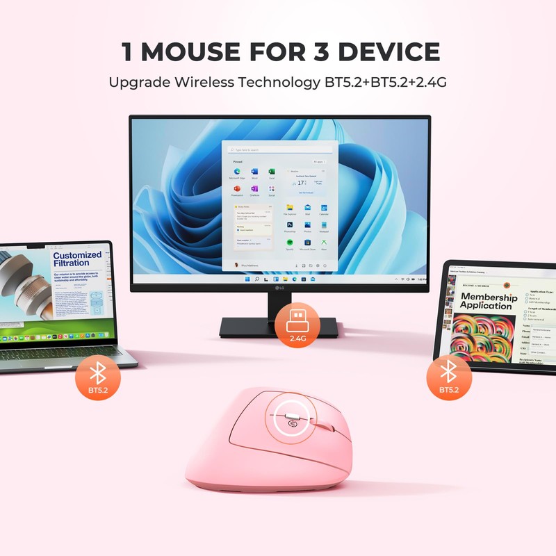 Ergonomic Vertical Mouse, Wireless Bluetooth Mouse - Pink