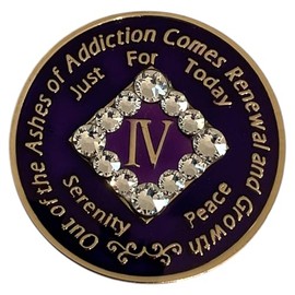4 Year NA Dark Purple Medallion, Recovery Chip, Token, Clean Time Milestone with Blingy Crystals
