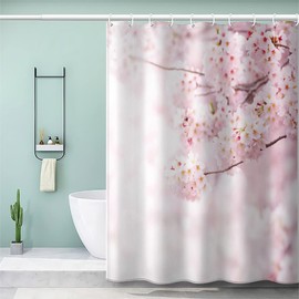 AASIRA Shower Curtain Anti-Mould Pink Sakura Bathroom Bath Waterproof Shower Curtains Flowers Fabric Polyester Washable Bath Curtain 180 x 180 cm Bathroom Curtain with 12 Hooks
