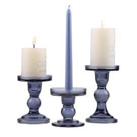 GMWD Juego de 3 Portavelas de Vidrio Transparente y Azul, Portavelas para Velas de Pilar y Cónicas, Soporte para Velas de Té, para Centros de Mesa de Boda, Decoración del Hogar, Mesa de Comedor