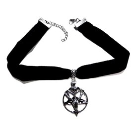 Silvertone Baphomet & Inverted Pentagram Pendant on Adjustable 14-16" Black Velvet Gothic Choker Necklace, 13-16", Metal, Fabric, No Gemstone