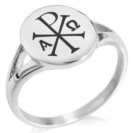 Tioneer Stainless Steel Chi Rho Alpha Omega Symbol Minimalist Oval Top Polished Statement Ring, Size 5