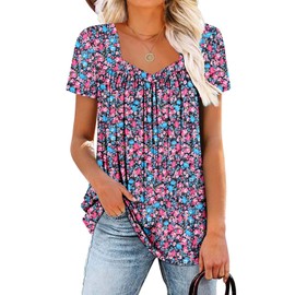 ROSELINLIN Womens Short Sleeve T Shirts Loose Fit Tunic Tops Square Neck Casual Summer Tops PinkBlue M