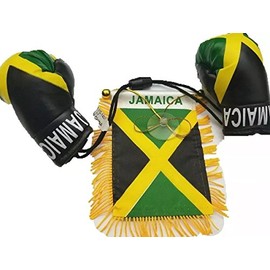 BUNFIREs 2pc, Jamaica Flag, Jamaican Flag Mini Banner & Boxing golves Rear View Mirror