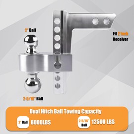 AKWH Aluminum Adjustable Trailer Hitch Fits 2-inch Receiver, 8-inch Drop, Solid Tube Hitch -12,500 LBS GTW for Heavy Duty Truck with Double Stainless-Steel Locks, Silver