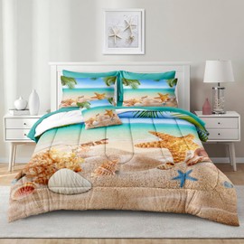 MOVE OVER 8 Pieces Beach Bed in a Bag Queen Size Ocean Comforter Set with Sheet Set Tropical Palm Tree and Starfish Pattern Teal Blue Hawaii Vacation Style Beachy Comforter Set for Bedroom