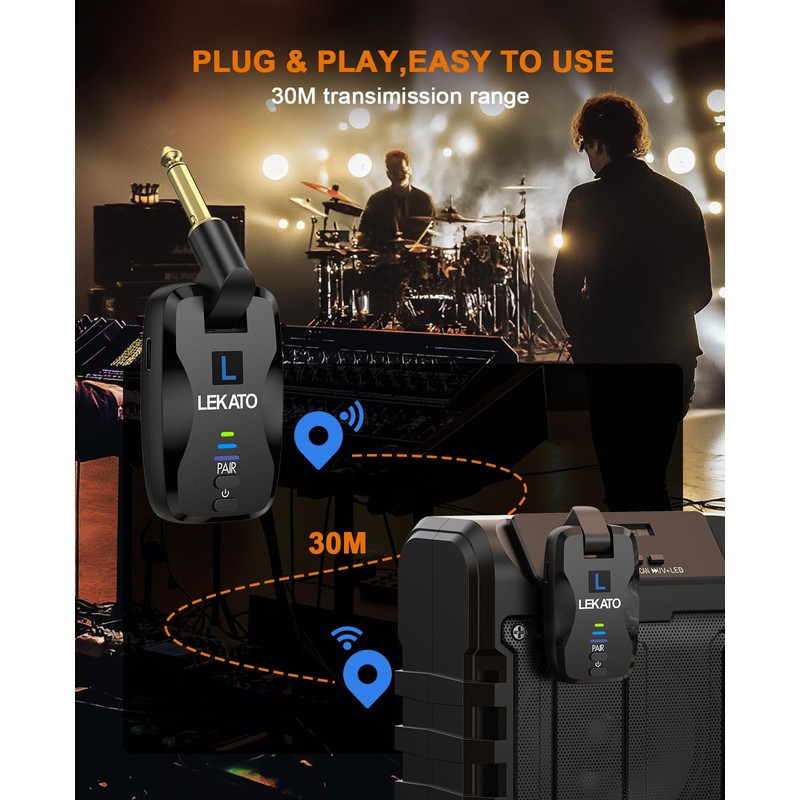 LEKATO 2.4Ghz Wireless Guitar System Exclusive Mute Plug for Electric