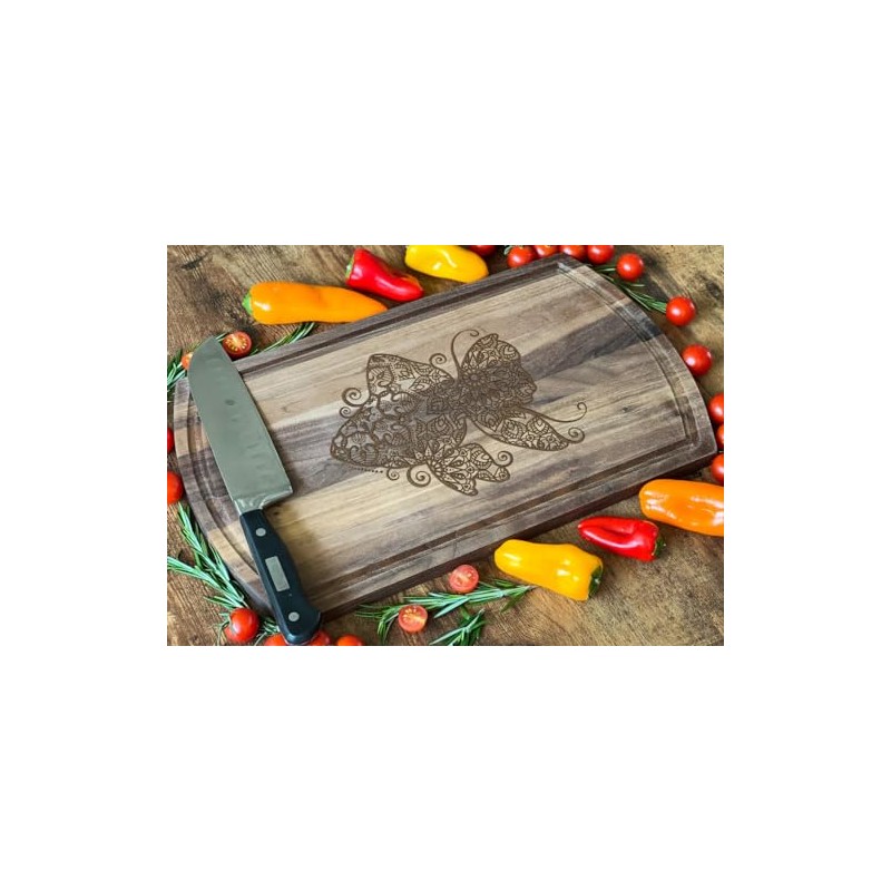 Patterned Butterfly Walnut Cutting Board, 16.75x10 in: Nature-Inspired, Ideal for