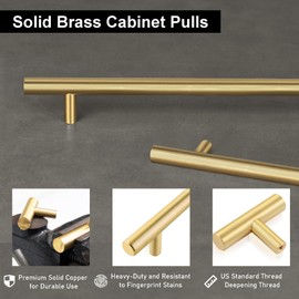 QOGRISUN 2-Pack Solid Brass Cabinet Pulls, Gold Euro Style T Bar Handles, 10-Inch Hole Center for Kitchen Drawer Dresser Cupboard, 12.6-Inch Total Length, Brushed Brass Finish