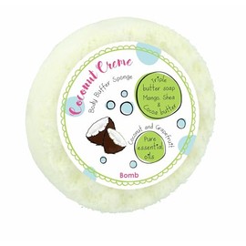 Bomb Cosmetics Body Buffer Soap Infused Sponge 2 in 1 Cleanse Exfoliate Moisturising Triple Butter Soap Sponge with Soap Inside Coconut Creme