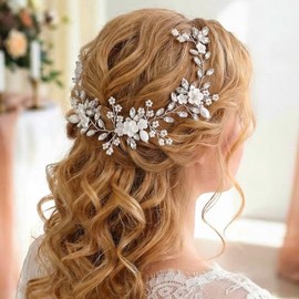 Unicra Pelo de novia con flores para boda, perlas de vid para novia, accesorios para el cabello para mujeres y niñas (plata)