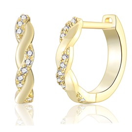 Silver Hoop Earrings for Women Men Girls 12 mm Small Gold Earrings with Zirconia, Yellow Gold