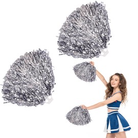 Cheerleader Pompoms Hand Flowers, 2 Pieces Cheerleading Pompoms, Metal Foil Cheerleading Pom Poms, Cheer Poms with Handle, for Ball Games, Dances, World Cup Football Fans Cheering Children Adults