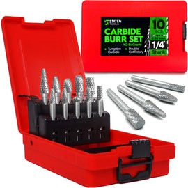 Carbide Burr Set 1/4" (6.35mm) Shank – 10 Pcs Double Cut Die Grinder Bits for Milling, Carving, Engraving, Deburring, Drilling, Hard Wood and Metals – Tungsten Carbide Drill Bit Set for Rotary Tools