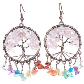 mookaitedecor Rose Quartz Earrings Tree of Life Earrings Pink Crystal Stone Earrings for Women, 7 Chakra Earrings Long Boho Crystal Earrings Healing Crystal Jewellery Gift Crystal Drop Dangle Earrings