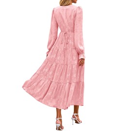 KIRUNDO Womens Spring Long Sleeve Maxi Dress Floral Elegant V Neck A Line Tiered Flowy Wedding Guest Cocktail Party Dresses(Pink, Large)