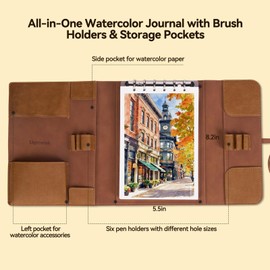 LIGHTWISH Watercolor Pad - A5 20 Sheets 100% Cotton 300GSM Cold Press Paper | Removable Backing | All-in-One Travel Watercolor Journal with Brush Holder & Storage Pocket