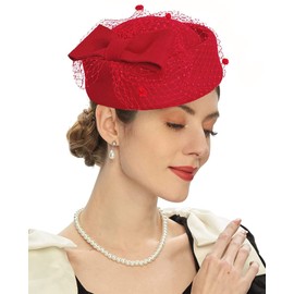 RZTA Women's Vintage 100% Wool Felt Cloche Bucket Bowler Hat Winter Vintage Bow Fedoras Church Fascinator F6-Red