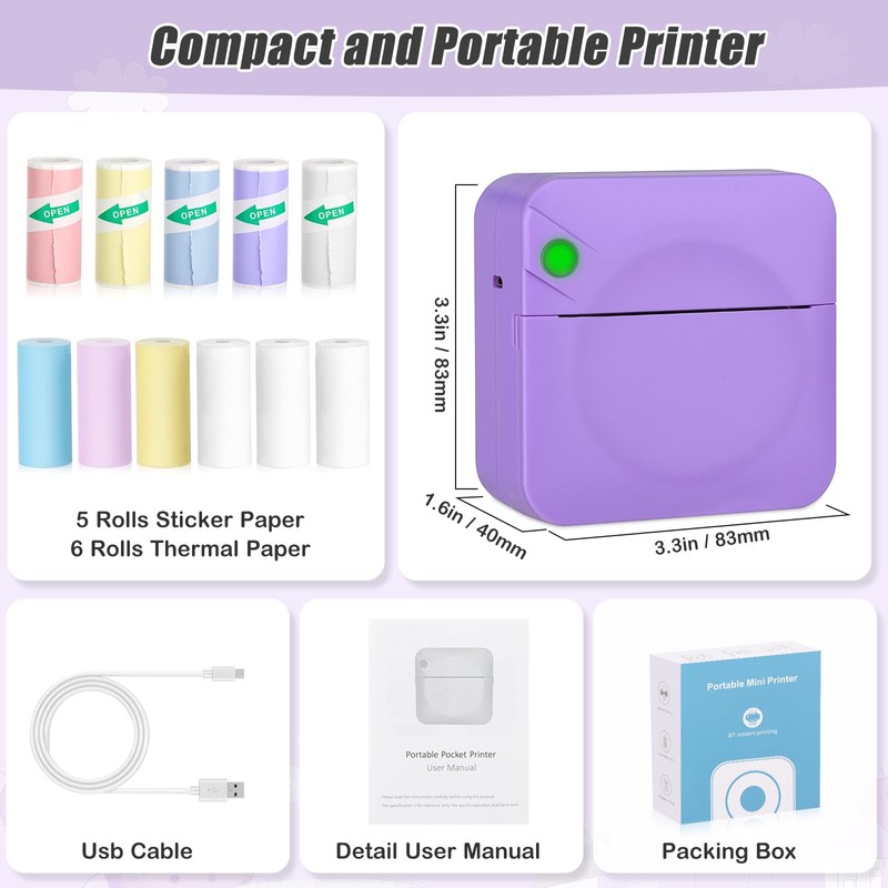 Zeacool Mini Sticker Printer,Mini Pocket Thermal Printer with 11 Rolls