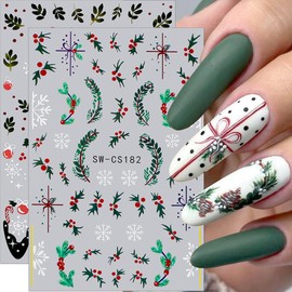 3D Christmas Nail Stickers Green Leaves Red Bean Elk Snowflake Nail Decals for Nail Art Supplies Winter Nail Art Stickers Self Adhesive Sticker Nails Design Accessories Women New Year Nail Decorations