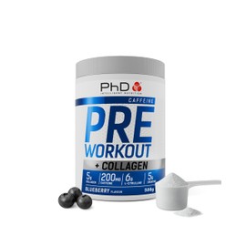 PhD Pre-Workout Powder - Blueberry Pre-Exercise Drink with Creatine, L-Citrulline, L-Leucine and Collagen - with Caffeine - 500g