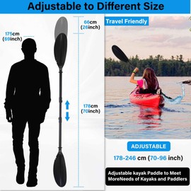 Quynhni- Standard Kayak Paddle,Kayak Paddle Adjustable Length from 180(cm) 70inch-245(cm) 96inchsturdy Iron Shaft and Durable Polypropylene Blade 0/65° Blade Angle with drip Loop. (Black)