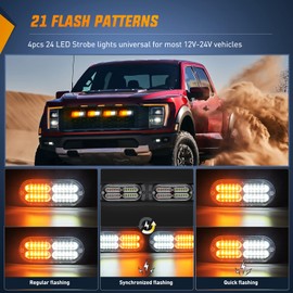 Nilight 4PCS 24LED Emergency Strobe lights 12V 24V Amber White Surface Mount Grille Hazard Safety Warning Lights Sync Feature Side Flashing Marker Flash for Car Truck Campers
